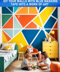 Children playing in front of a colorful geometric wall design created with Pro-Grade Blue Painter Tape 0.94 Inch, 18 Rolls.