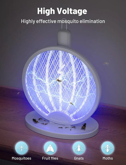 2-In-1 Mosquito Zapper Racket With 4000V Electric Grid Foldable Fly Swatter Rechargeable 1800mAh Battery Auto Zap Base And Purple Light Indoor Outdoor Bug Killer For Home Patio Backyard Camping, high voltage display with captured insects.