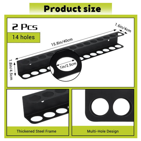 Two Pack Heavy Duty Screwdriver Plier Organizer Wall Mount Rack showing dimensions and multi-hole design, 14 slots