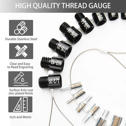 Front view of nut and bolt thread gauge set, stainless steel, 24-inch and 21-metric sizes.