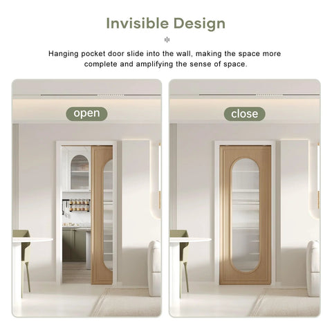 Installed pocket door frame kit for 24 to 32 inch openings with two way soft close aluminum track for 2x4 stud walls.