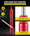 Red hydraulic long-ram jack with chrome handle and clevis base.