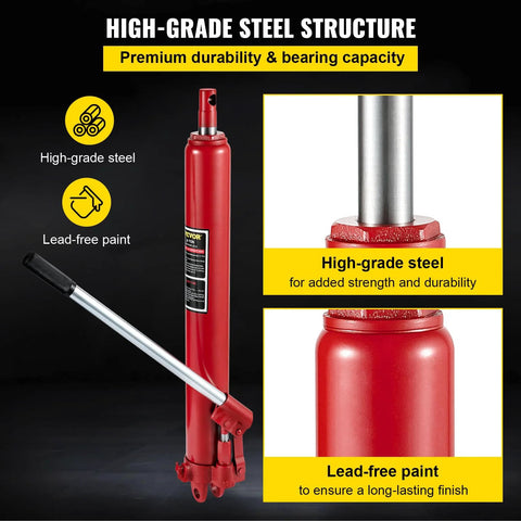 Red hydraulic long-ram jack with chrome handle and clevis base.