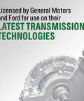 Licensed by GM and Ford for transmission technologies, partial gear illustration with text overlay.