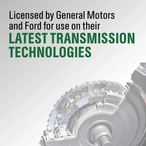 Licensed by GM and Ford for transmission technologies, partial gear illustration with text overlay.