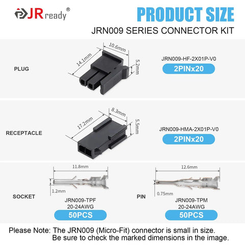 Micro-Fit 3.0 2 Pin Connector Kit Dual Row 2 Circuits Receptacle Housing Plug 3.0mm Pitch For 20-24 AWG Wires diagram