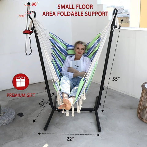 Bohemian Hammock Chair With Stand For Indoor Outdoor Relaxation, Double Swing Chair with Tassels, and Manual Recline with Occupant