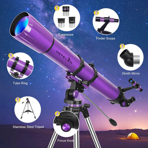 Dope High Powered Refractor Telescope For Adults With 90mm Aperture And 1000mm Focal Length 500x Magnification shown with accessories
