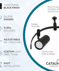 Diagram of Ellipse Track Ceiling Light with Five Adjustable LED Heads in Black Finish, highlighting features and installation details.