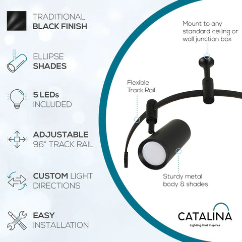 Diagram of Ellipse Track Ceiling Light with Five Adjustable LED Heads in Black Finish, highlighting features and installation details.