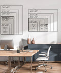 Office with desks and size chart showing various bulletin board dimensions on wall, highlighting 23" x 17" board size.