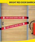 Heavy Duty Nylon Door Barricade Signs Set Of Four Hella Visible Warning Strips With Super Tight Magnetic Clamps on a door.