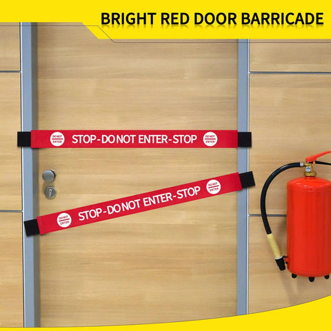 Heavy Duty Nylon Door Barricade Signs Set Of Four Hella Visible Warning Strips With Super Tight Magnetic Clamps on a door.