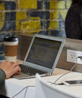 Radiant Furniture Power Center with USB C and USB A Recessed Power Strip 2 outlets integrated into desk, laptop and phone charging.