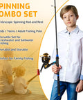 Child holding All In One Kids Fishing Pole Set With Telescopic Rod And Spincast Reel For Beginners Youth Complete Fishing Kit.