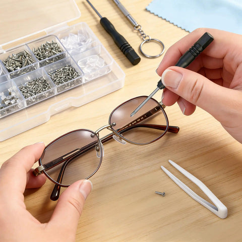 Eyeglass Repair Kit With 15 Screw Types For Eyeglasses Including Frame Screws, Hinge Screws, Nose Pad Screws, Nuts And Washers, All In One Essential Glasses Repair Tool For Quick Fixes At Home Or On The Go shown in use repairing glasses with screws and tools.