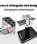 Killer Mini Vise And Badass Clamping Station For Gunpla Model Building with cross and triangular slot design for cylindrical parts.