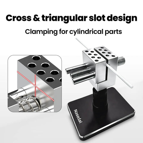 Killer Mini Vise And Badass Clamping Station For Gunpla Model Building with cross and triangular slot design for cylindrical parts.
