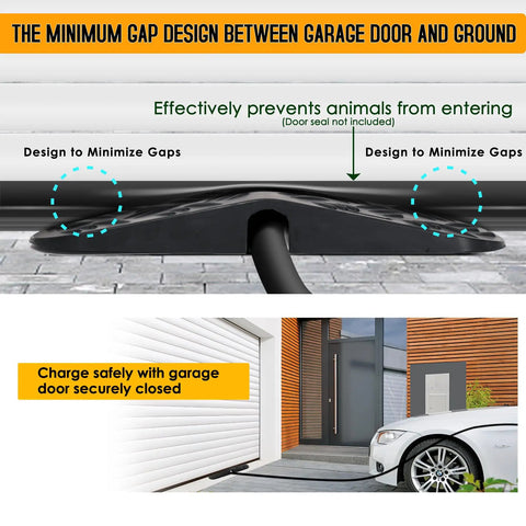 Heavy Duty EV Charger Cable Protector With Handle For Garage Door Gap demonstrating cable safety and snug fit under closed door
