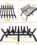 Heavy Duty 24 Inch Fireplace Grate Made From Solid Steel With Dimensions Showing Four Thick Feet And Two Center Supports.