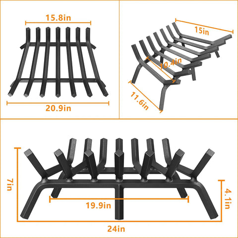Heavy Duty 24 Inch Fireplace Grate Made From Solid Steel With Dimensions Showing Four Thick Feet And Two Center Supports.