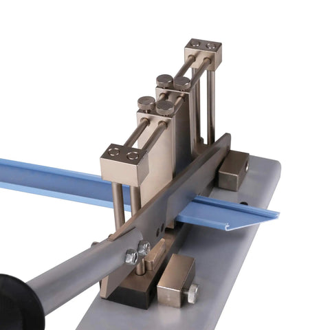 Beefy Wire Duct Cutter for Rail Duct cutting blue duct with clean deburring-free edge, ruler visible, tool positioned for 45-degree cut.