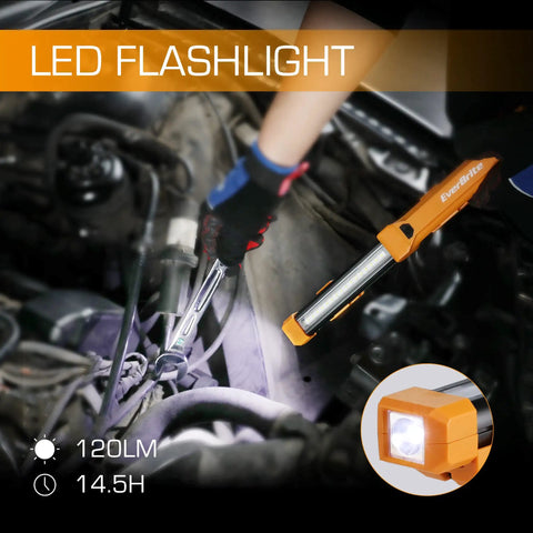 Lit 1000 Lumen LED Work Light with Rechargeable Design for Mechanics, shown being used in car engine bay with magnetic base.