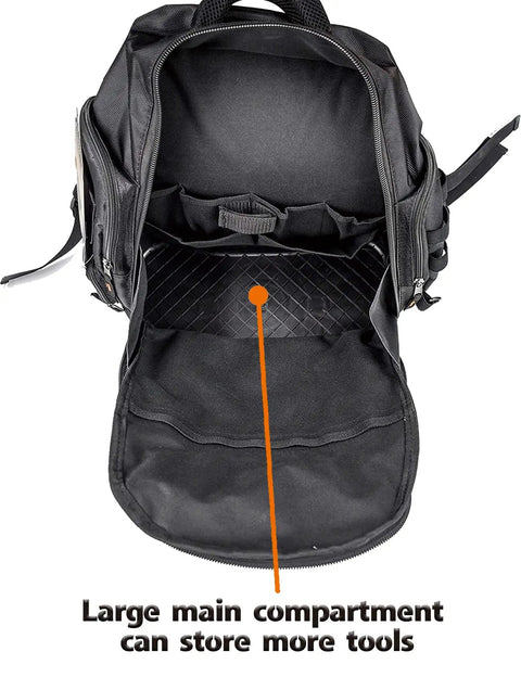 Open view of Painter Backpack Heavy Duty Multi Function Tool Backpack, showing large main compartment with built-in organizer.