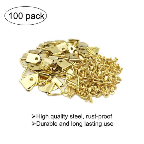 100 Pack Small Triangle Ring Steel Picture Hangers With Screws Gold Finish For Picture Frames And Artwork Hangin Photos Clocks