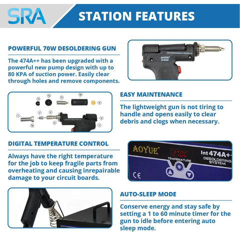 Pro Grade Digital Desoldering Station With 80W Heater And Built In Vacuum Pump, Auto Sleep Mode, showing station features