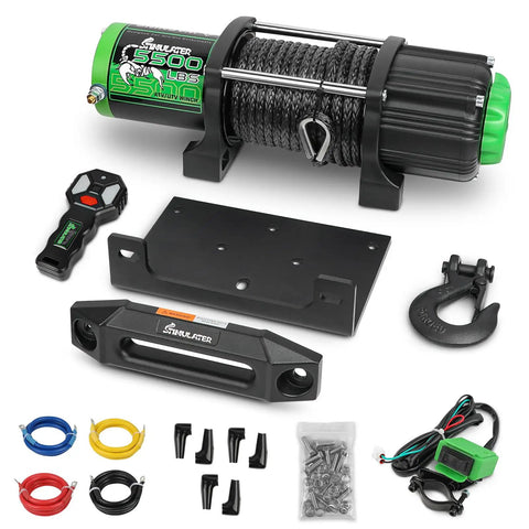 Beefy 5500lb Off Road ATV UTV Winch With 12V Electric Power, 1/4 Inch By 50 Foot Synthetic Rope, Wireless Remote And Wired Switch, Hawse Fairlead, IP67 Waterproof, Heavy Duty Winch For Mud And Rough Trails, shown with rope, hook, mount, and wiring kit