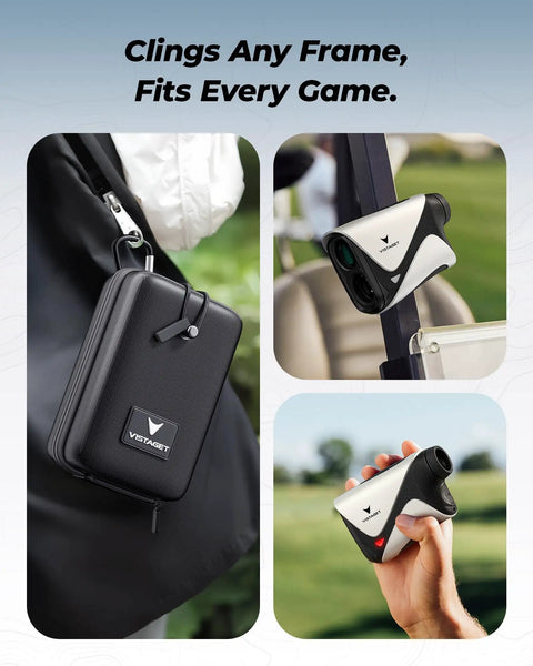 Golf Range Finder With 1200 Yard Range 7x Magnification TriMeasure Two Target Distances Slope On Off showing magnetic mount.