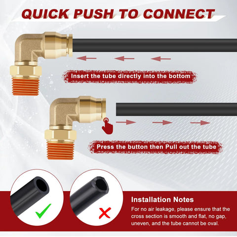 Two brass 90-degree push-to-connect elbows for 1/4 in air line with 1/4 in NPT threads