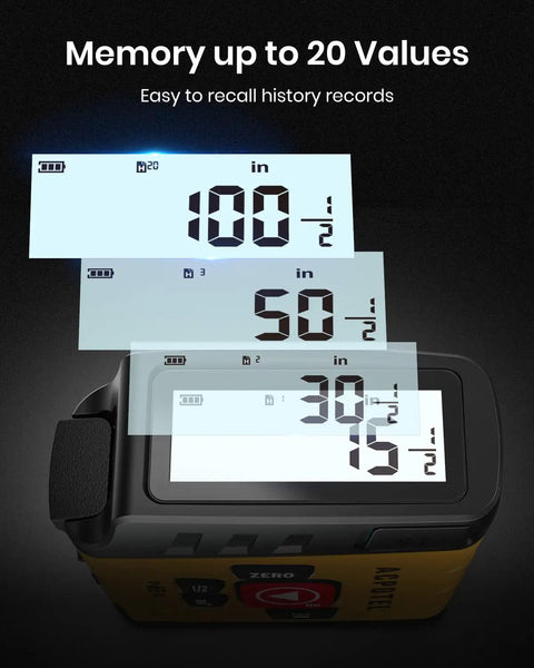 2-In-1 Digital LCD Tape Measure With 16-Foot Tape, USB rechargeable, showing memory feature and data display