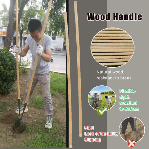 Heavy Duty Manual Post Hole Digger featuring sturdy wood handle and razor sharp blades for crushing tough clay soil, in use.