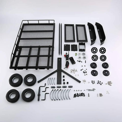 Heavy Duty Metal Trailer Cargo Carrier Kit For One Ten Scale RC Crawler Cars consisting of parts laid out including tires, steel frame, and accessories.