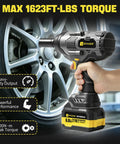 Heavy Duty Cordless Impact Wrench Packing 2200Nm Of Badass Torque To Rip Through Truck Tire Lug Nuts Fast 21V Brushless, gripping wrench near wheel.