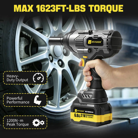 Heavy Duty Cordless Impact Wrench Packing 2200Nm Of Badass Torque To Rip Through Truck Tire Lug Nuts Fast 21V Brushless, gripping wrench near wheel.
