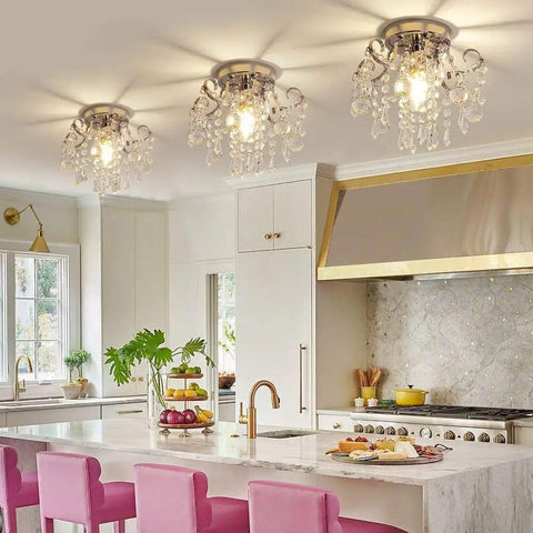Modern kitchen with three Small Crystal Chandelier Flush Mount Ceiling Lights Three Light Modern Sleek Chrome Iron Raindrop Fixtures.