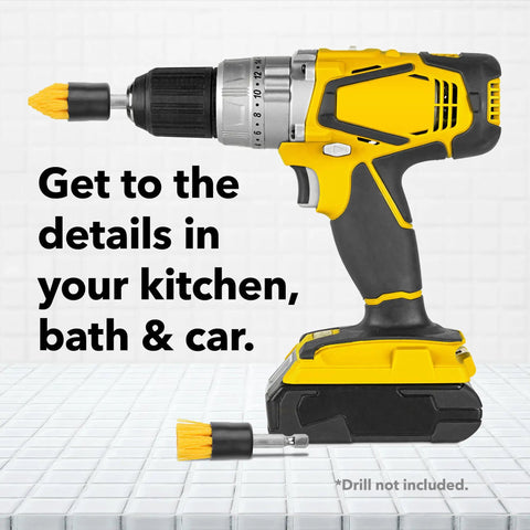 Four Pack Drill Brush Attachments For Grout And Tile Cleaning Quick Change Shafts Cordless Drill Compatible Yellow With Five Eighths Inch Stiff Bristles Effortless Scrubbing For Grout And Tile Must Have Grout Scrubbing Kit shown on a tile surface