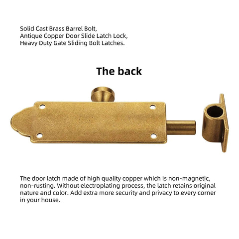 Solid Cast Brass Barrel Bolt For Doors And Gates, Antique Brass Sliding Latch Lock, back view of heavy duty gate bolt