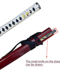 Badass 40.2 Inch Hand Forged Full Tang Metal Sword With Red Scabbard Detachable Pocket Knife close-up of handle and sheath