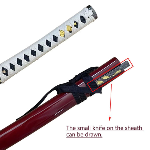 Badass 40.2 Inch Hand Forged Full Tang Metal Sword With Red Scabbard Detachable Pocket Knife close-up of handle and sheath