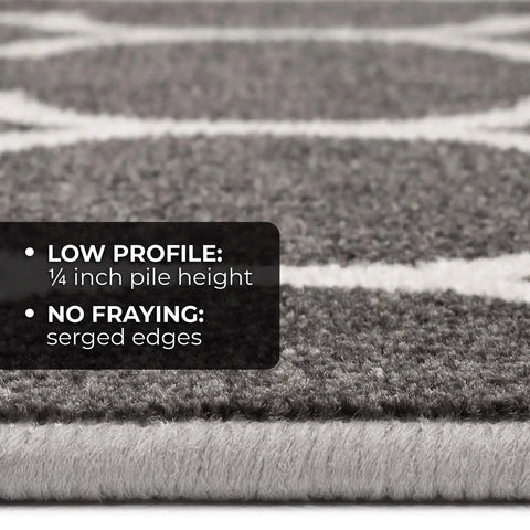 Close-up of Skid Resistant Carpet Stair Treads Set Of Fifteen With Moroccan Trellis Pattern In Misty Gray And Linen White 9 By 36 Inches. Low profile, no fraying.