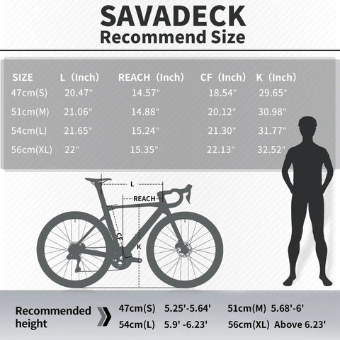 Bicycle sizing chart for Lightweight Full Carbon Fiber Road Bike For Adults With Shimano R7120 54cm Black Built For Speed.