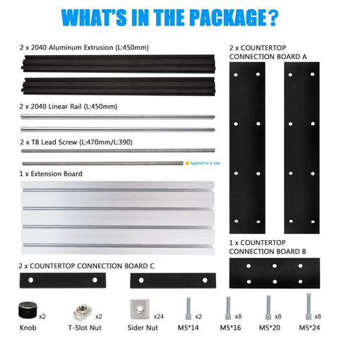3018 CNC Upgrade Kit For X Axis And Y Axis Extension with aluminum extrusion, linear rail, and lead screw components