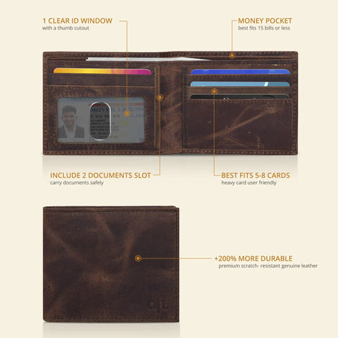 Slim Leather Wallet For Men With RFID Blocking, Minimalist Front Pocket Bifold open with card slots, ID window, and cash compartment, mocha color