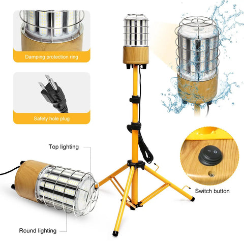 100W LED Tripod Work Light With Stand, 14000 Lumen Corded Jobsite Light showing tripod stand and light design features