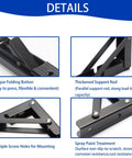 Heavy Duty Folding Shelf Brackets 2 Pack 18 Inch Black Wall Mounts for Garage Kitchen, detailing unique folding button and support rod.