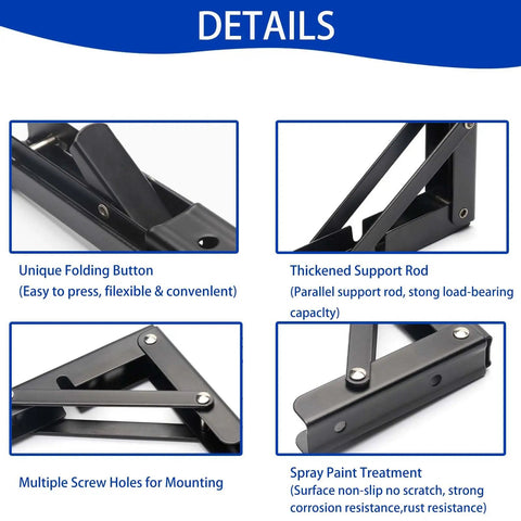Heavy Duty Folding Shelf Brackets 2 Pack 18 Inch Black Wall Mounts for Garage Kitchen, detailing unique folding button and support rod.